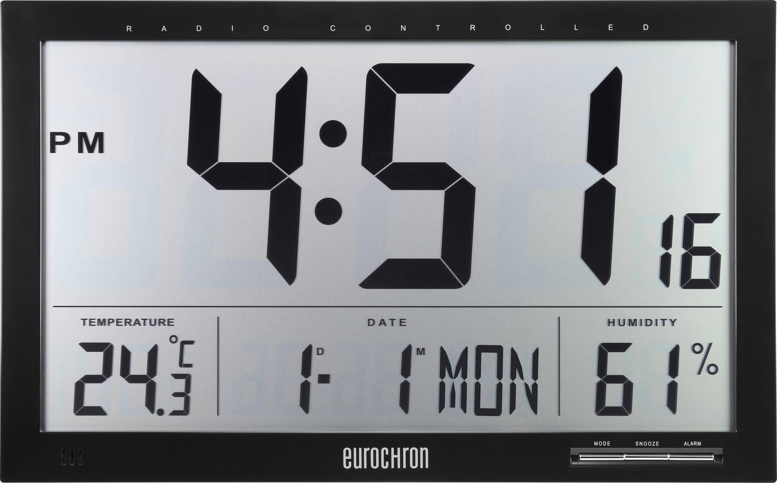 Digitale Funkuhr zeigt 4:51 PM, Temperatur 24,3°C, Datum 1.1., Luftfeuchtigkeit 61%.