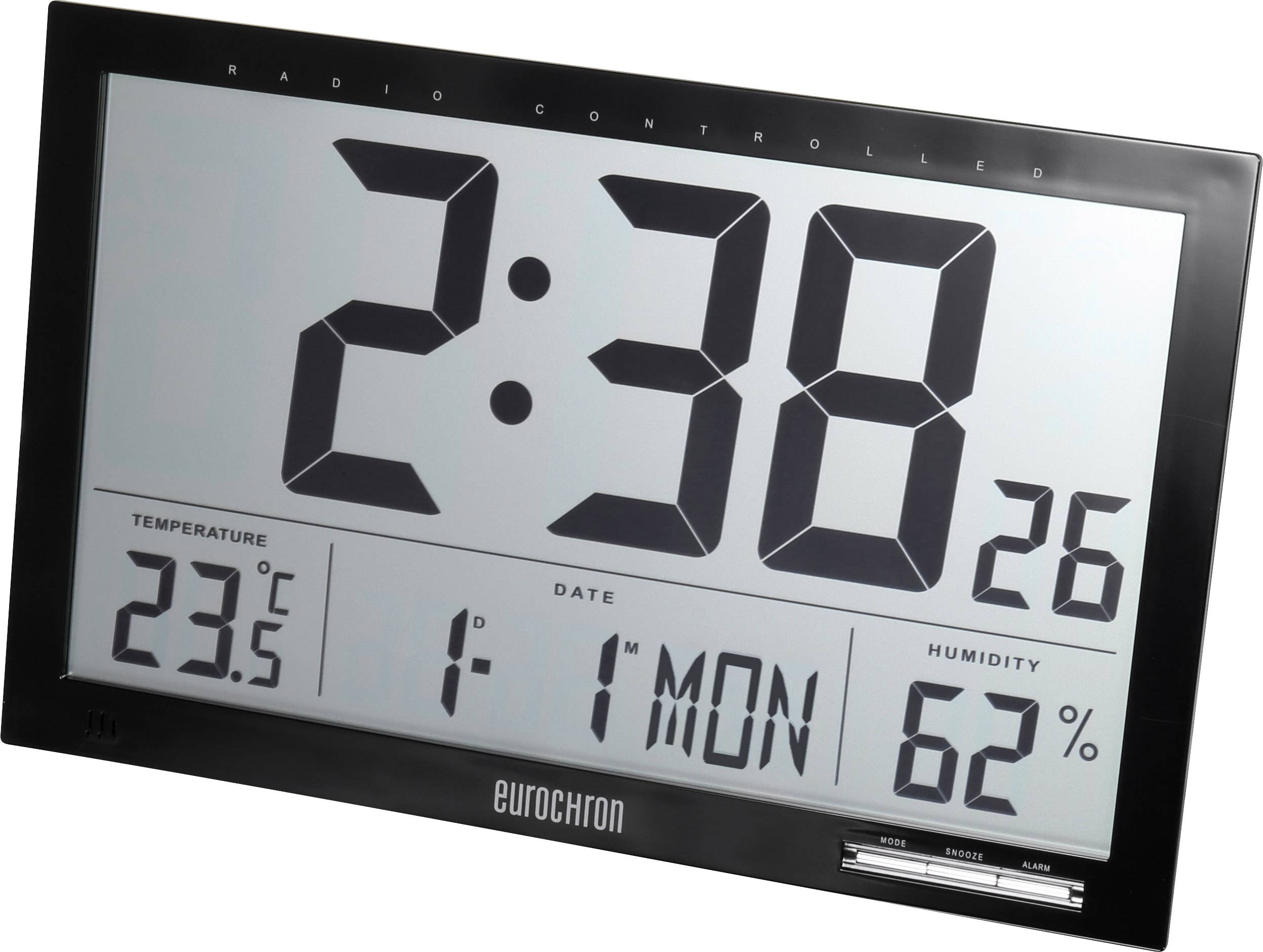 Digitale Funkuhr mit großer Anzeige, zeigt 2:38 Uhr, Temperatur 23,5°C, Datum 1-1 MON und Luftfeuchtigkeit 62%.