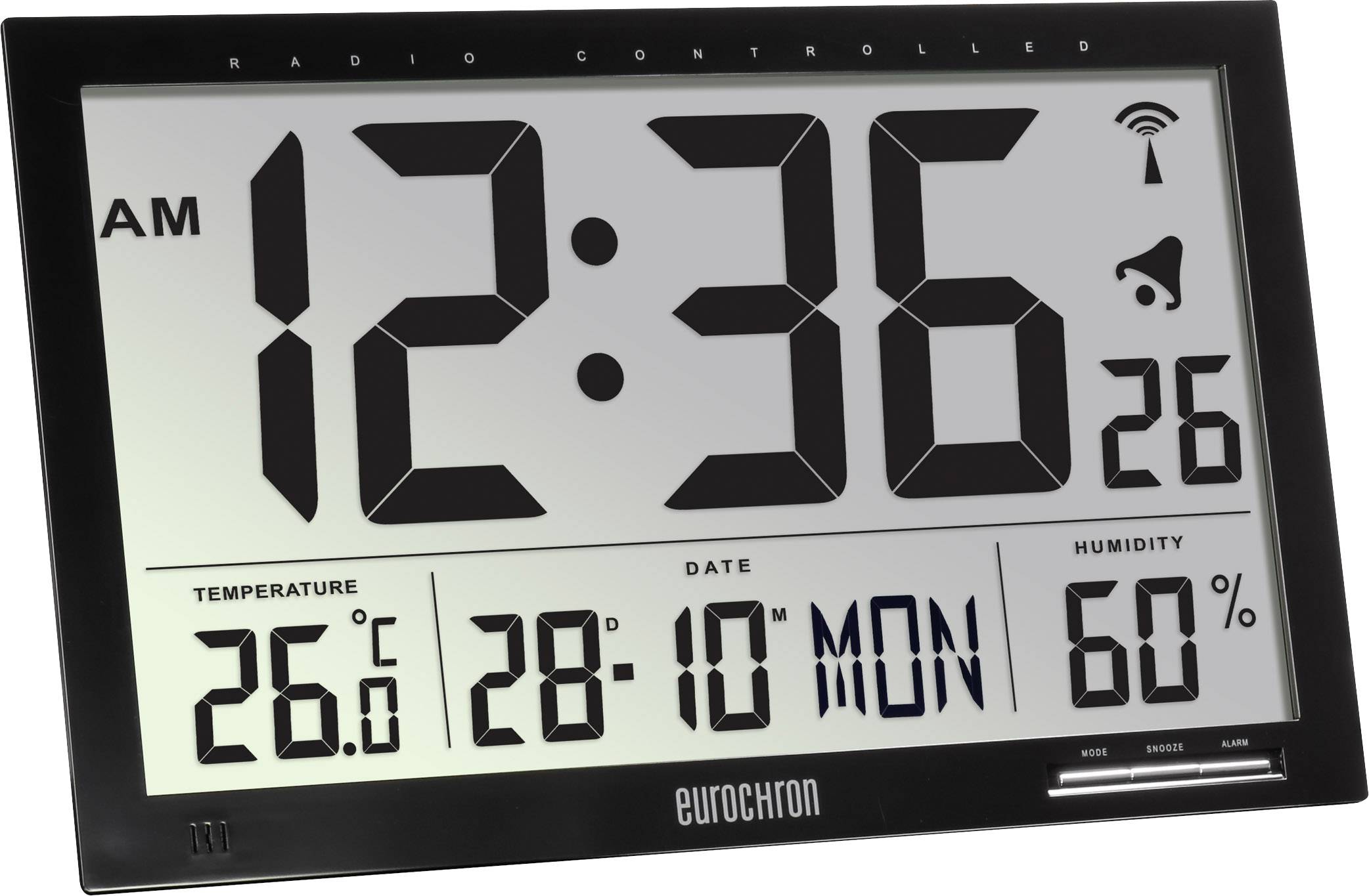 Ein digitaler Funkwecker zeigt die Uhrzeit 12:36 an, mit Datum '28/10 MON'. Temperatur: 26°C, Luftfeuchtigkeit: 60%.