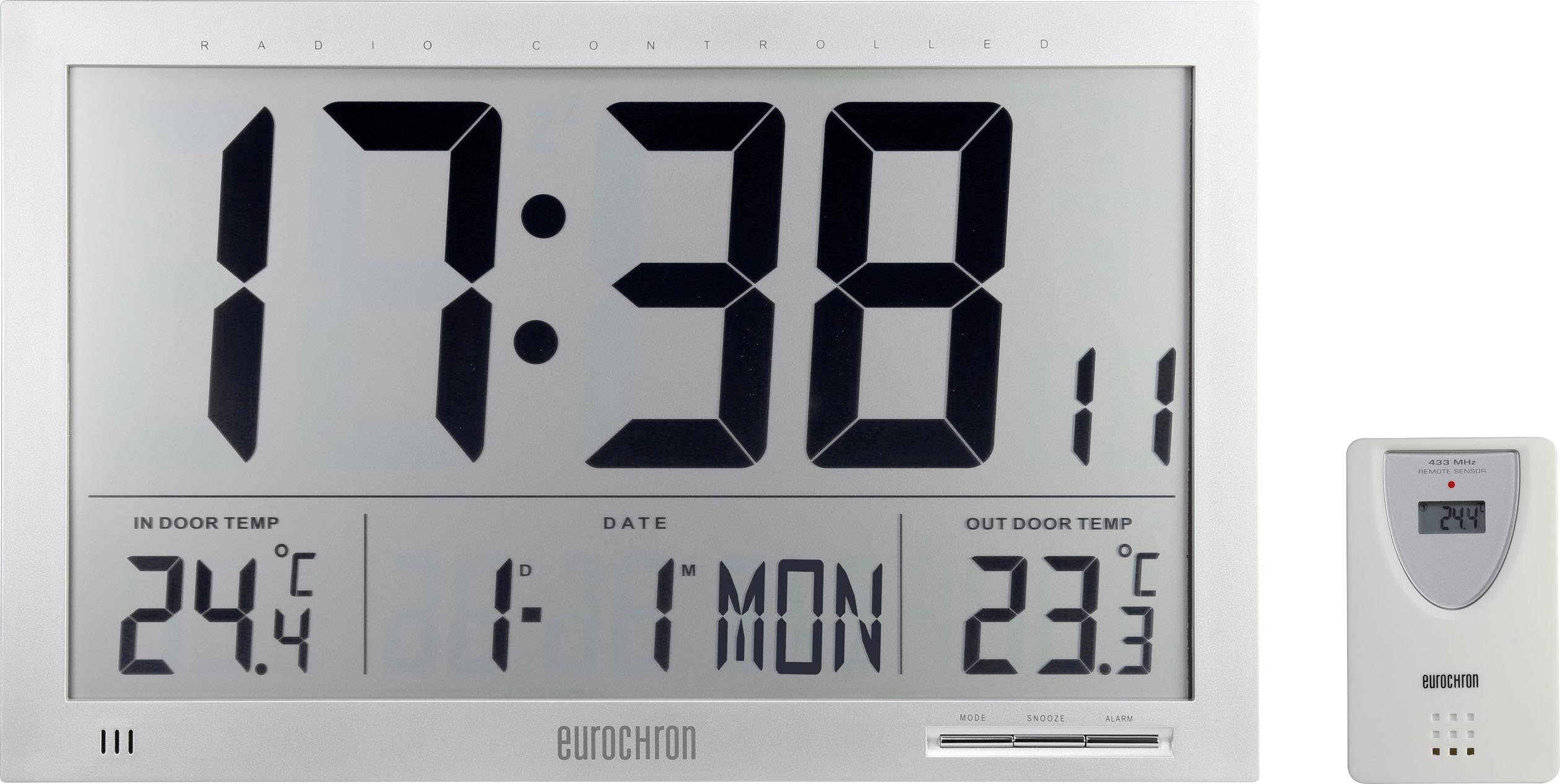 Digitale Wanduhr mit großem Display zeigt 17:38 Uhr, Datum 1.11., und Temperaturen: Innen 24,4 °C, Außen 23,3 °C. Beinhaltet Außensensor.