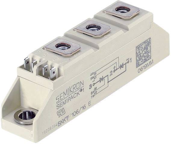 Elektronisches Bauteil mit drei Anschlussklemmen, Beschriftung 'SEMIKRON SEMIPACK', 'SKKT 106/16 E', zeigt Schaltplan und QR-Code.