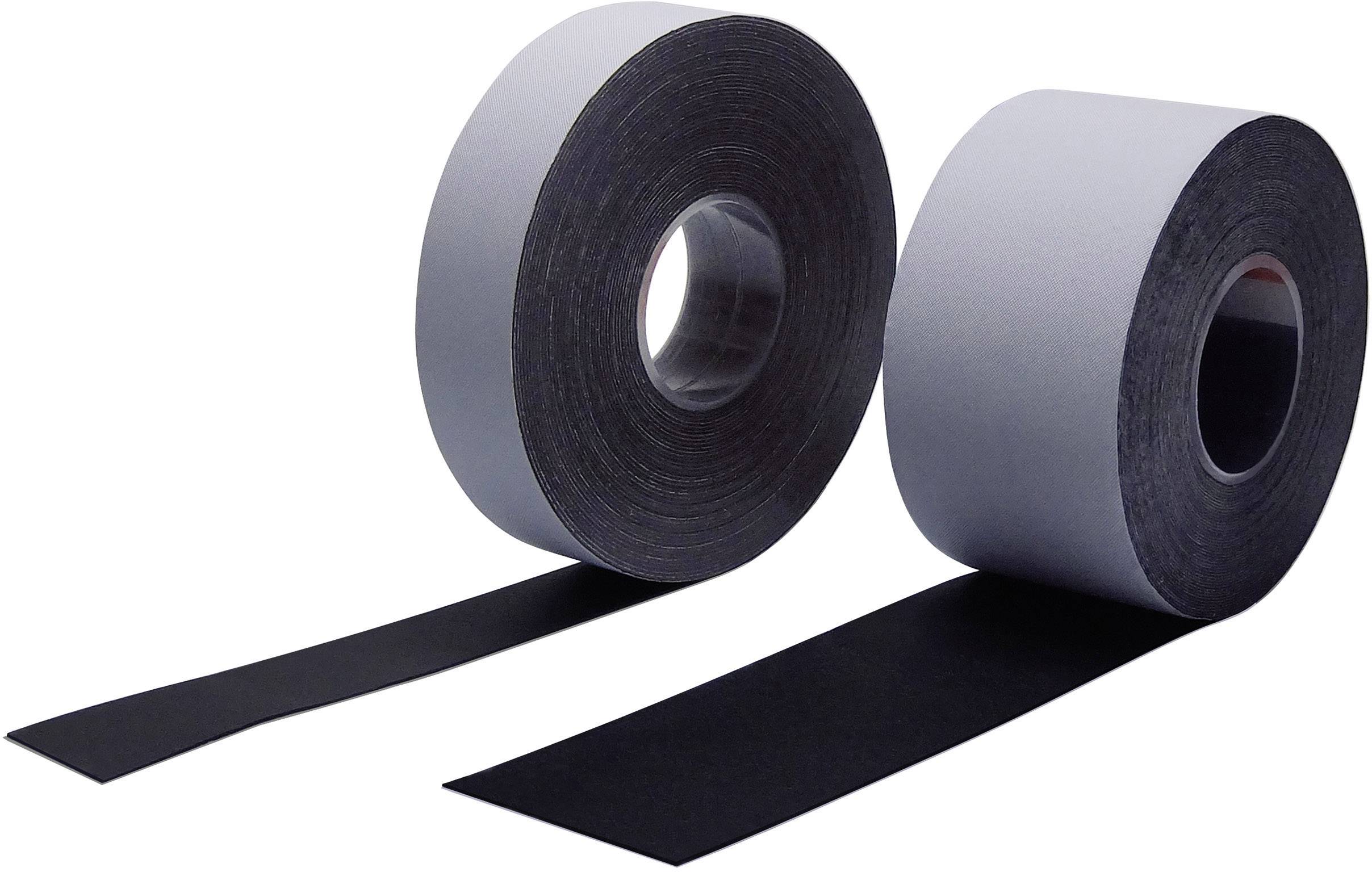 Zwei Rollen schwarzes Klebeband, eine liegend und teilweise entrollt, die andere stehend.
