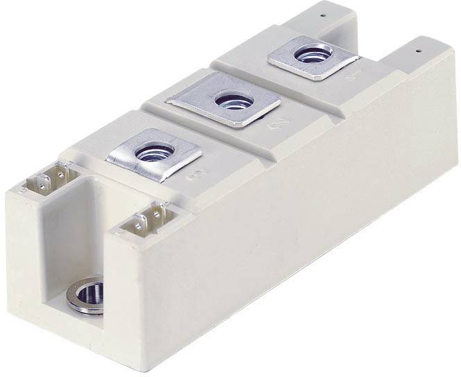 Ein rechteckiger, elektrischer Leistungshalbleiter im hellen Gehäuse mit drei Anschlüssen oben, wahrscheinlich für industrielle Anwendungen.