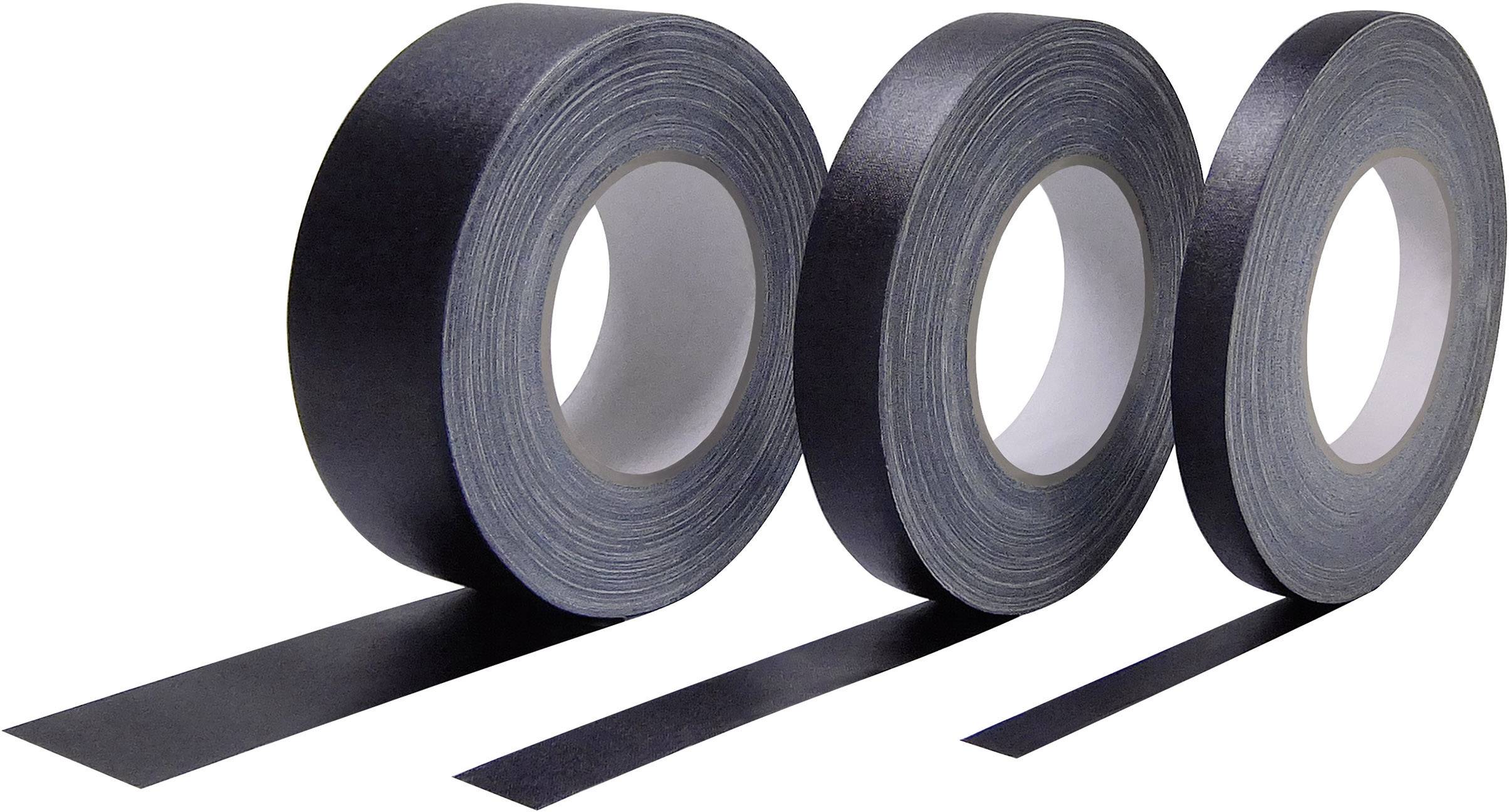 Drei schwarze Klebebandrollen nebeneinander, teilweise abgerollt mit dem klebrigen Band nach vorne, zeigen verschiedene Längen.