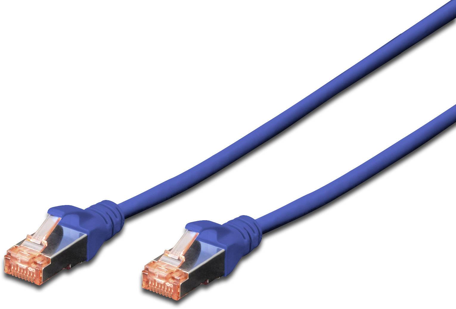 Ein blaues Ethernet-Kabel mit zwei orangefarbenen RJ-45-Steckern an beiden Enden, verwendet für Netzwerkverbindungen.
