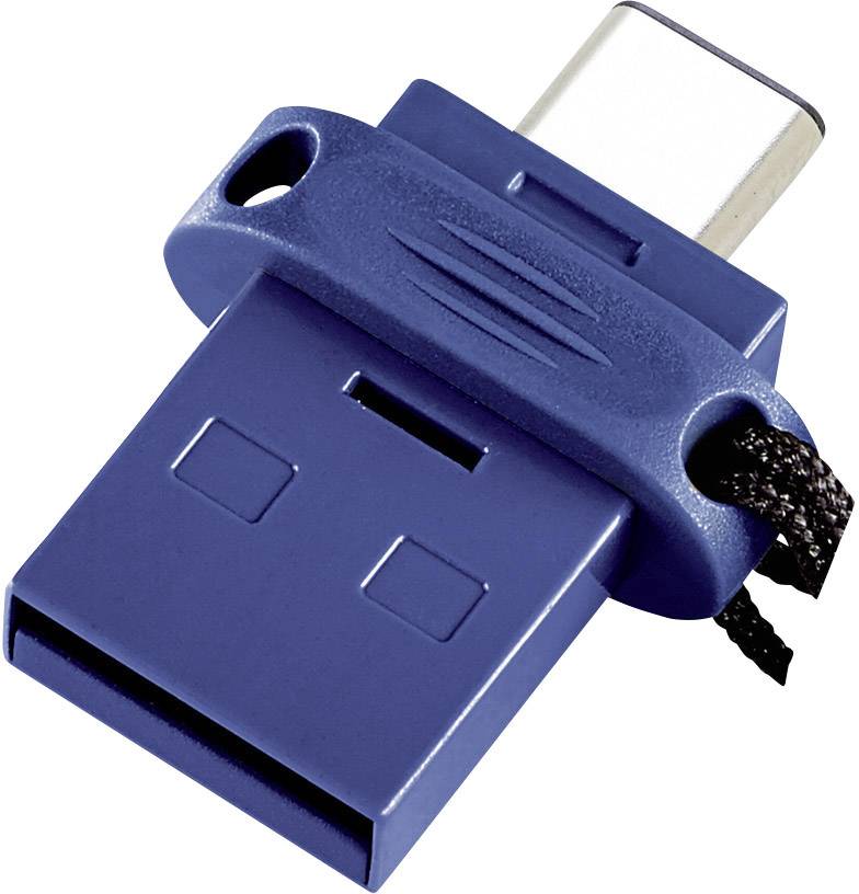 Ein blauer USB-C-Stick mit einer Schlaufe an einer Ecke, verwendet zum Speichern und Übertragen von Daten.