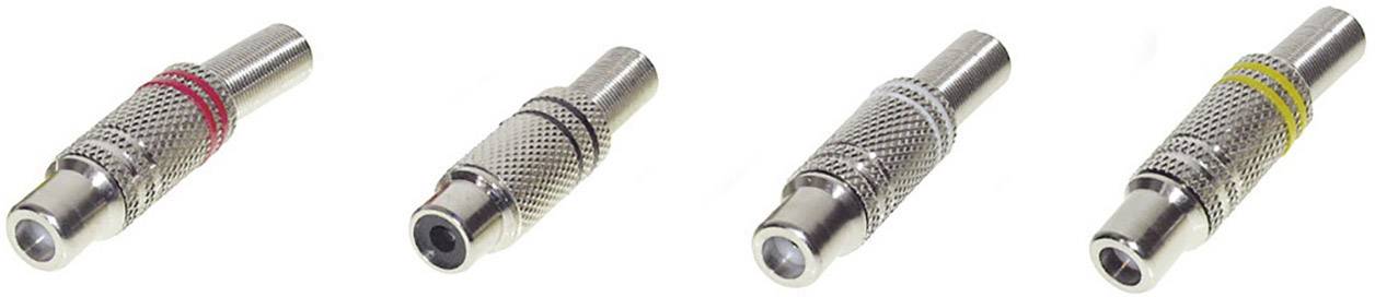 Vier RCA-Stecker in Silber mit farbigen Ringen: rot, schwarz, weiß und gelb. Sie sind gleichmäßig nebeneinander angeordnet.