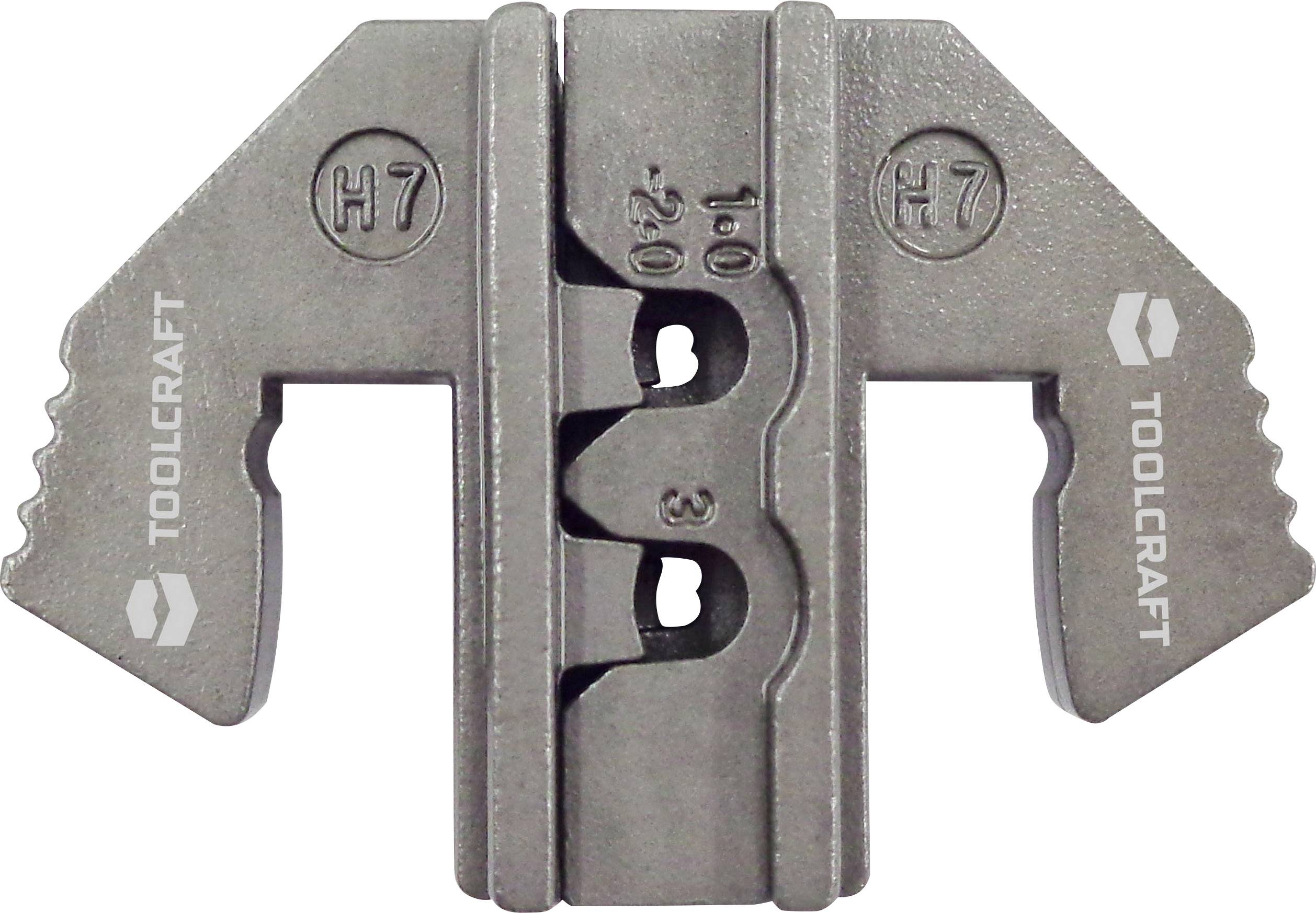 Metallisches Werkzeugteil mit Markierungen 'H7', 'TOOLCRAFT'. Zentraler Schlitz, industrielle Komponente.
