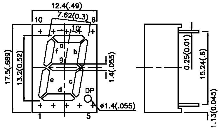 Technische Zeichnung eines Sieben-Segment-Displays mit Maßangaben in Millimetern und Zoll. Zeigt Segmente a bis g und Punkt DP.