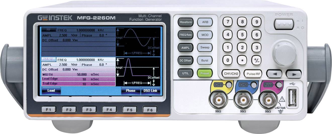 Frequenzgenerator mit digitalem Display, Knöpfen und Anschlüssen, zeigt wellenförmige Diagramme auf dem Bildschirm für Messungen an.