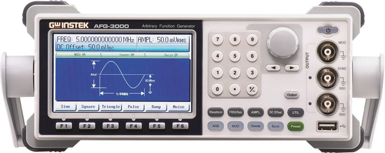 Ein Arbiträrfunktionsgenerator mit Digitalanzeige, auf der eine Sinuswelle und Frequenzinformationen angezeigt werden.