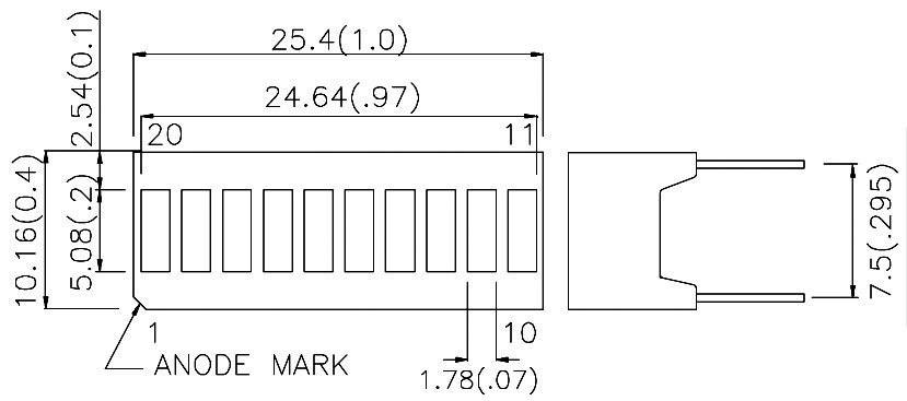 Kingbright DC-10YWA LED-Bargraph 10fach Gelb (B x H x T) 25.4 x 10.16 x 8mm