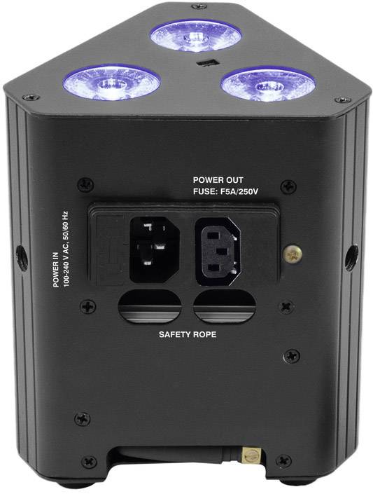 Ein schwarzes Beleuchtungsgerät mit drei blauen LED-Lichtern oben. Rückseite zeigt Stromanschlüsse und eine Sicherung.