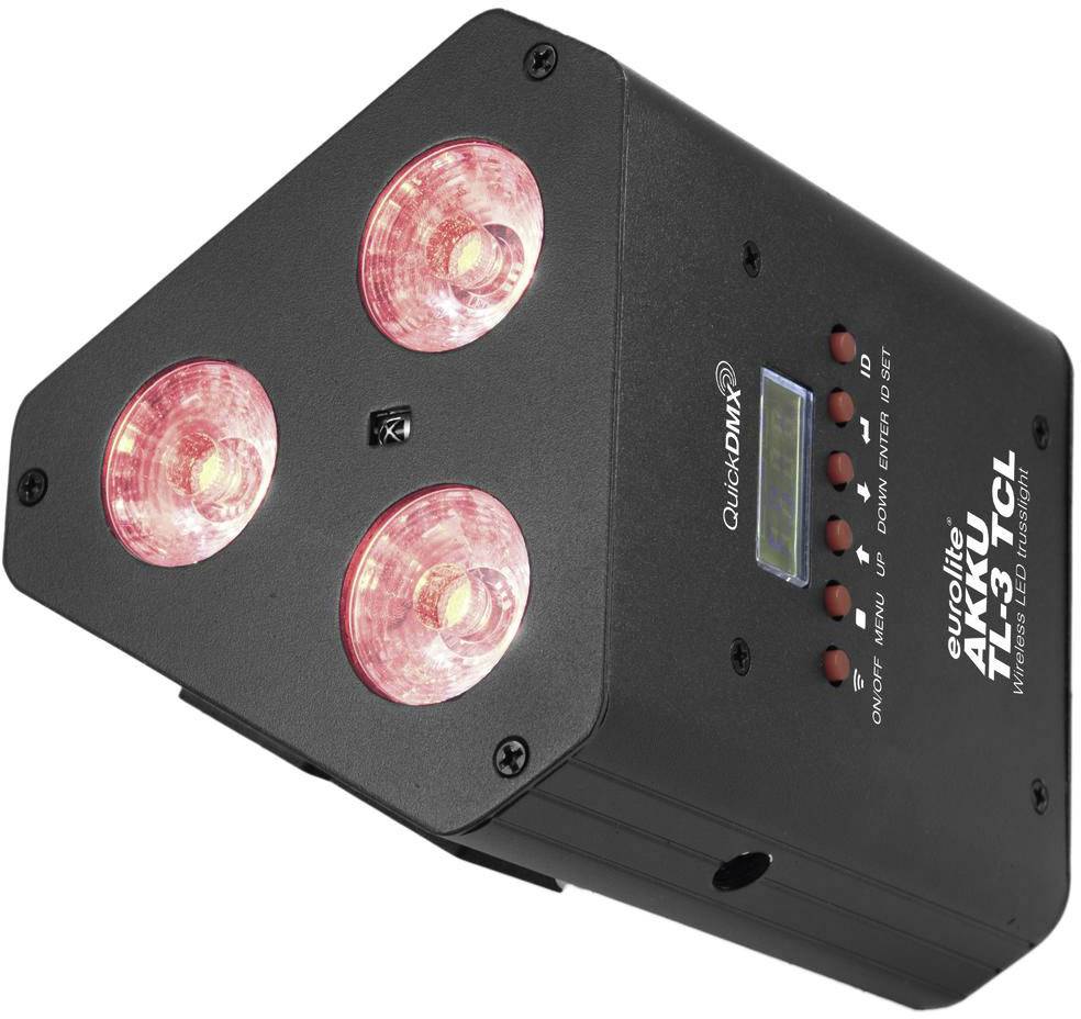 Schwarzes dreieckiges LED-Bühnenlicht mit drei runden roten Linsen und digitalem Display an der Seite, geeignet für Beleuchtungseffekte.
