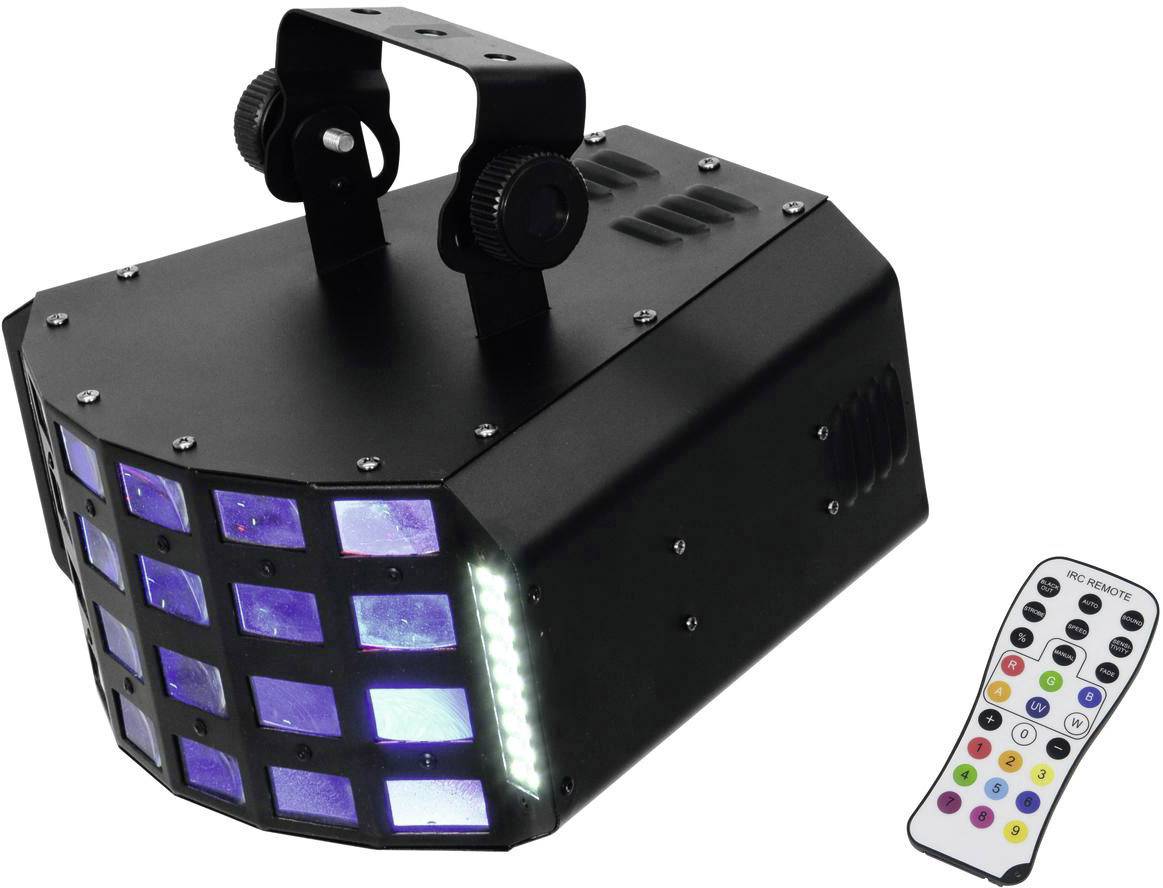 Lichteffektgerät in Schwarz mit blau-violetten LED-Lichtern, daneben eine Fernbedienung mit farbigen Tasten zur Steuerung.