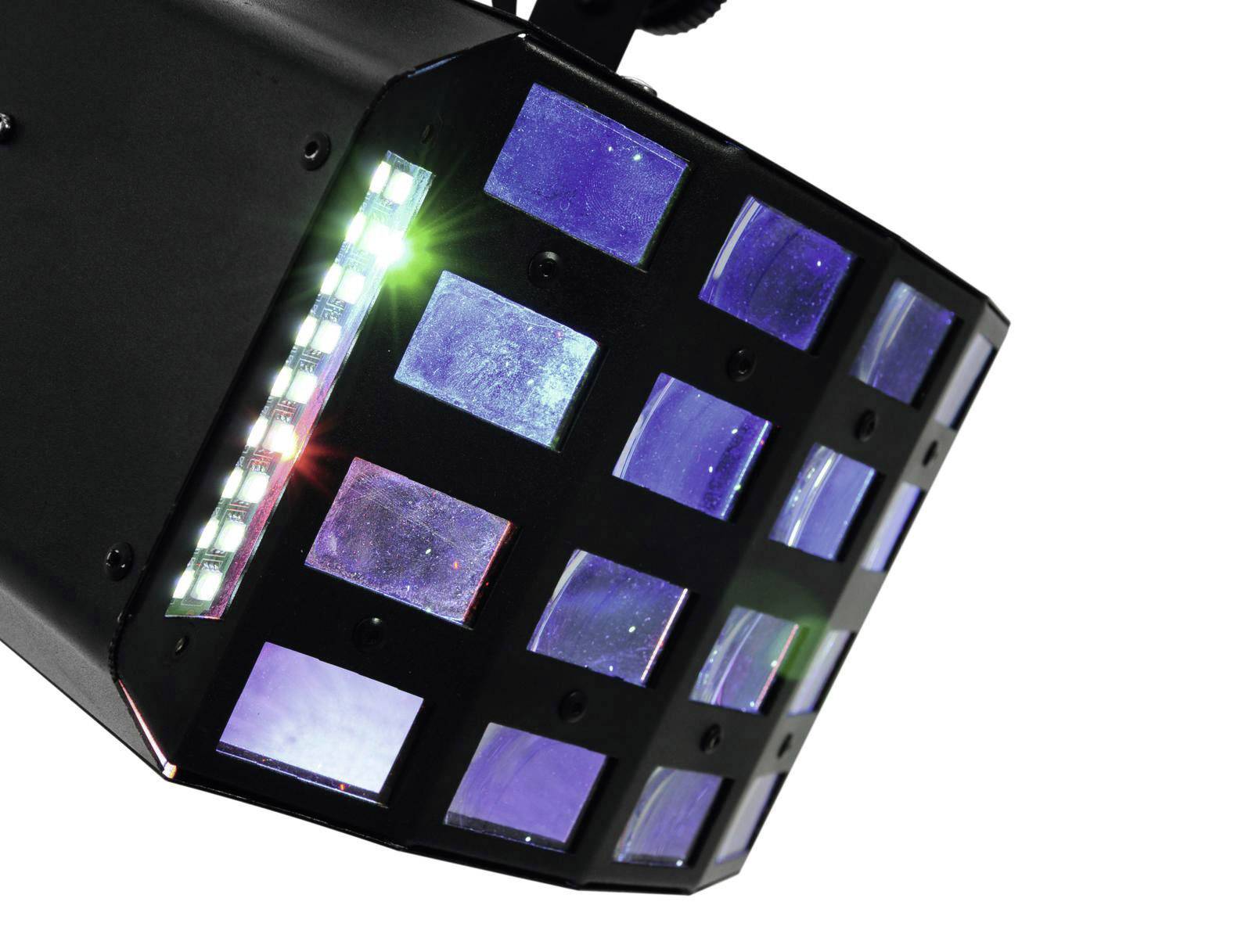 Ein schwarzes Lichteffektgerät mit blauen und roten Lichtquadraten und einer Reihe weißer LED-Leuchten auf der Seite.