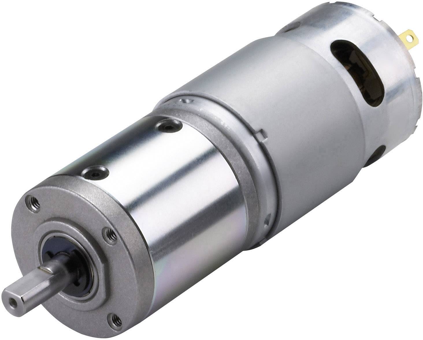 Ein zylindrischer Elektromotor mit Getriebe, silbern und kompakt, zeigt die Antriebswelle vorne. Geeignet für mechanische Anwendungen.