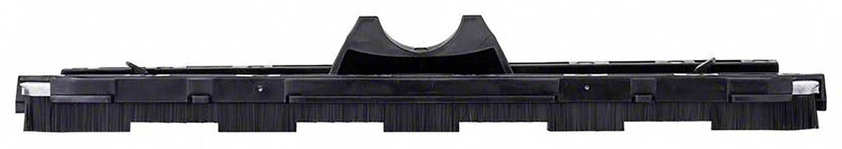 Schwarzes Kunststoff-Haltesystem mit geriffeltem Boden, zentraler Halterung und mehreren Befestigungspunkten auf weißem Hintergrund.