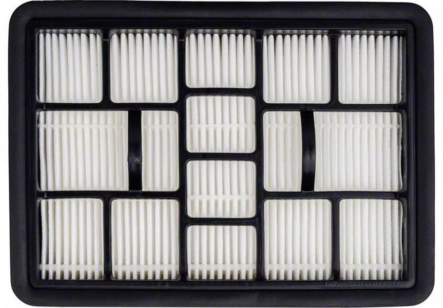 Rechteckiger HEPA-Filter mit weißen Falten, schwarzer Rahmen; verwendet zur Luftreinigung in Geräten wie Staubsaugern oder Luftreinigern.