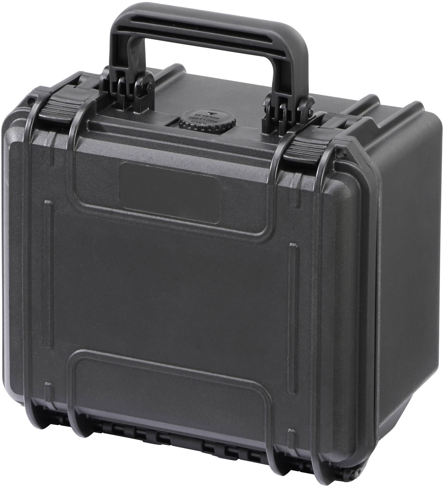 Schwarzer, robuster Koffer mit Griff, geeignet für sicheren Transport von empfindlichen Gegenständen.