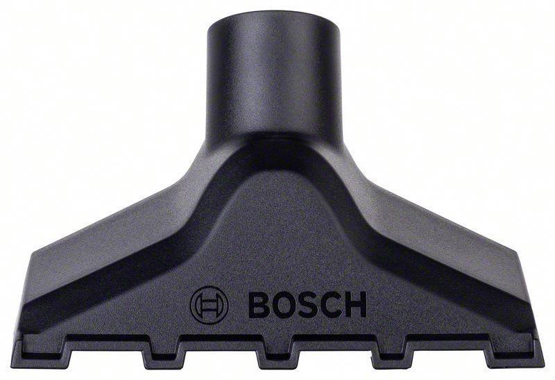Schwarze Bosch-Staubsaugerdüse mit flacher, breiter Form und gezahntem Rand, geeignet für die Reinigung von Teppichen und Hartböden.