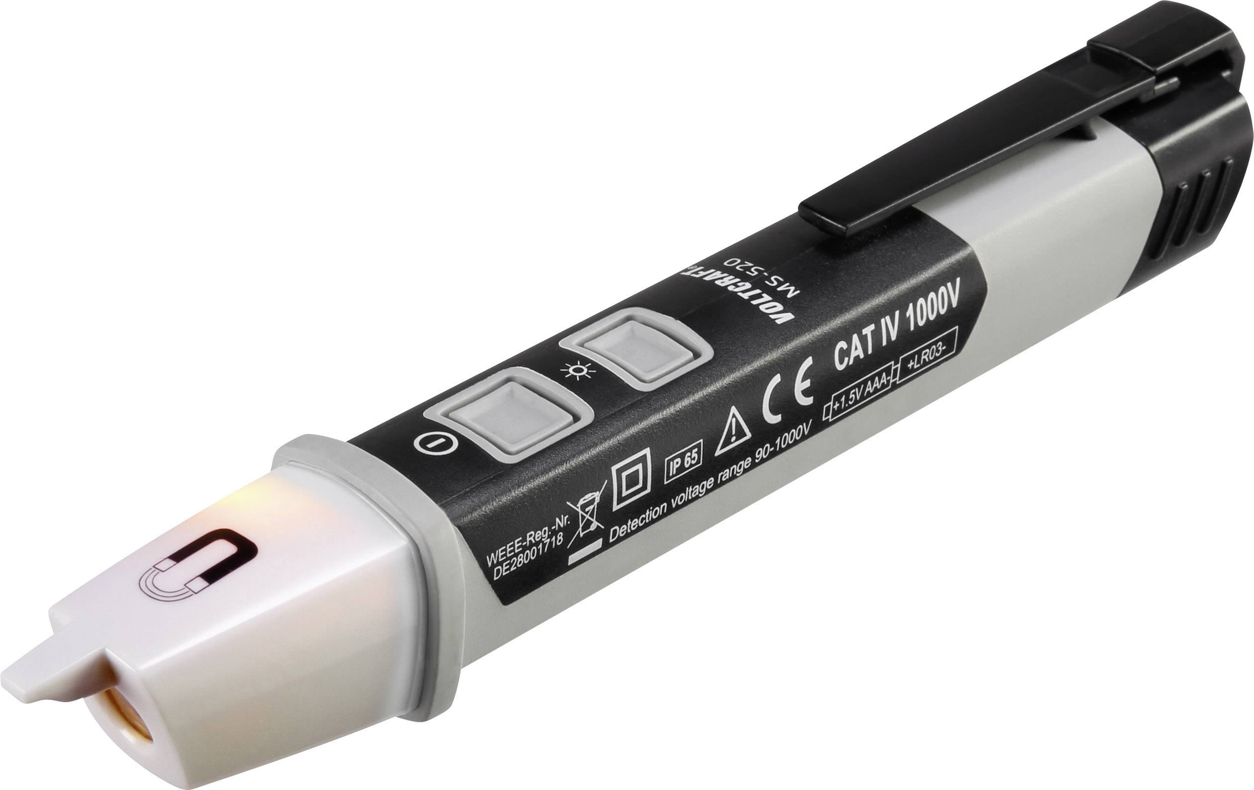 Ein berührungsloser Spannungsprüfer, geeignet für Spannungen bis 1000V, mit Clip und Taschenlampe, zur sicheren Spannungsmessung.