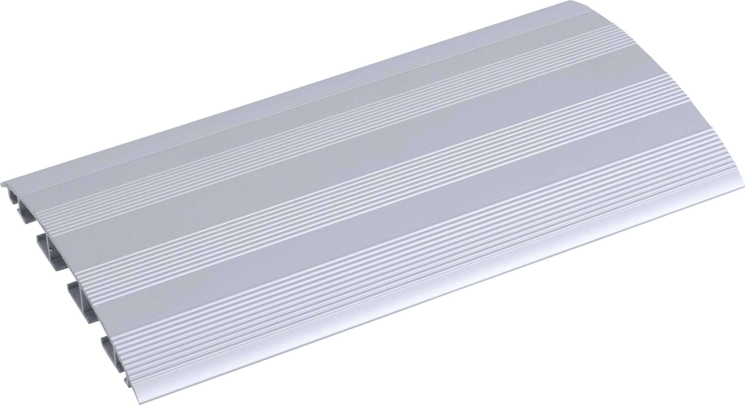 Ein silbernes, strukturiertes Aluminiumprofil mit parallel verlaufenden Rillen, geeignet für Anwendungen in Konstruktion und Design.