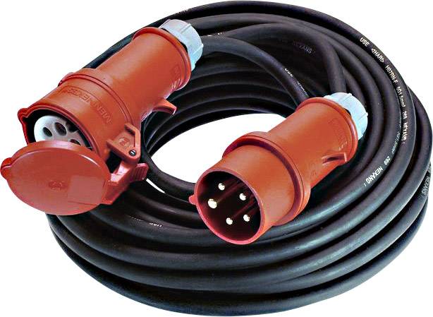 Ein zusammengerolltes Verlängerungskabel mit einem roten Stecker und einer roten Kupplung, geeignet für den Außenbereich.