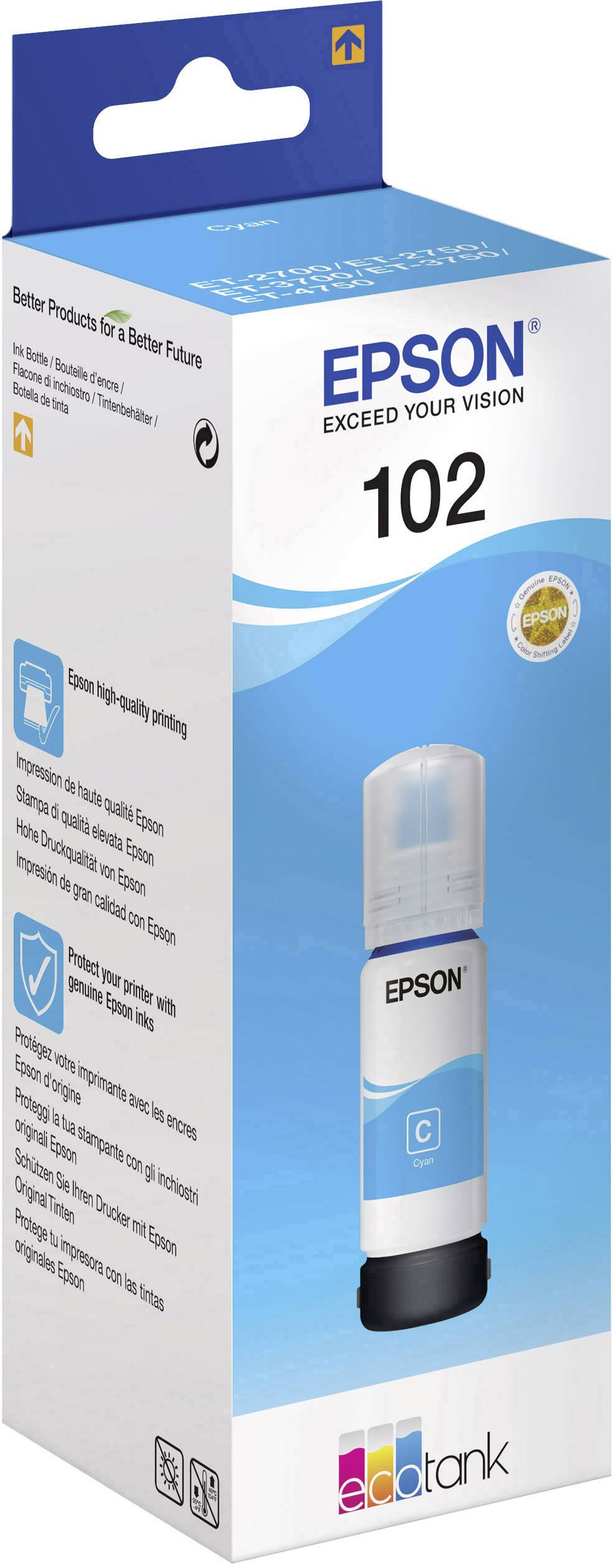 Epson 102 Tinte Cyan-Flasche in Verpackung. Erwähnung von 'Exceed Your Vision'. Für EcoTank Drucker geeignet, hohe Qualität.