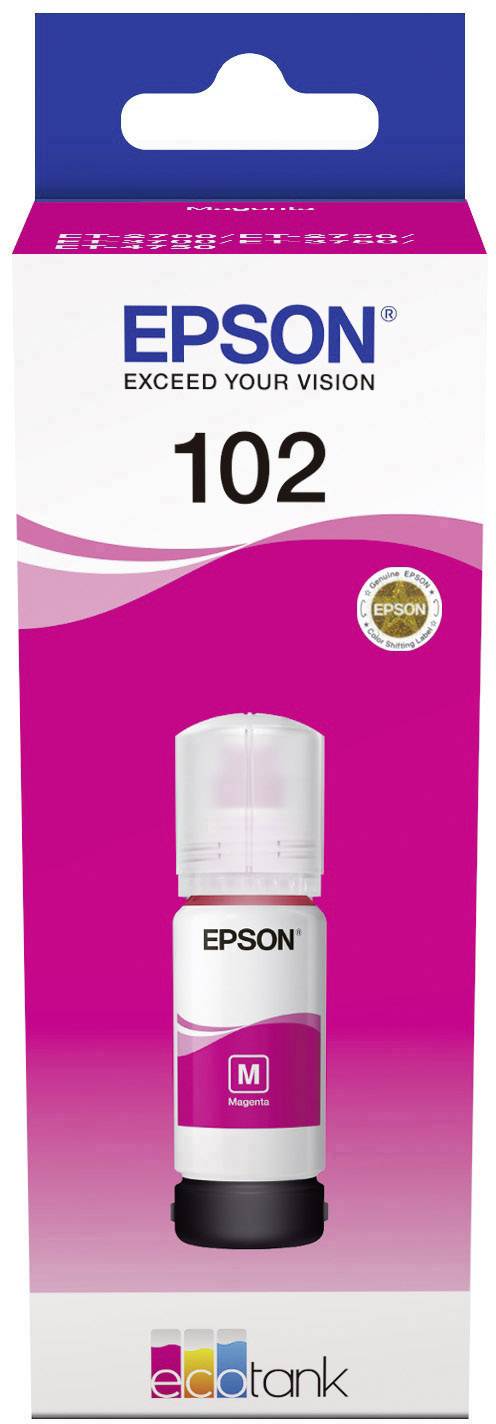 Epson 102 Tintenflasche, Farbe Magenta, für EcoTank Drucker, Verpackung zeigt das Flaschendesign mit dem Epson-Logo.