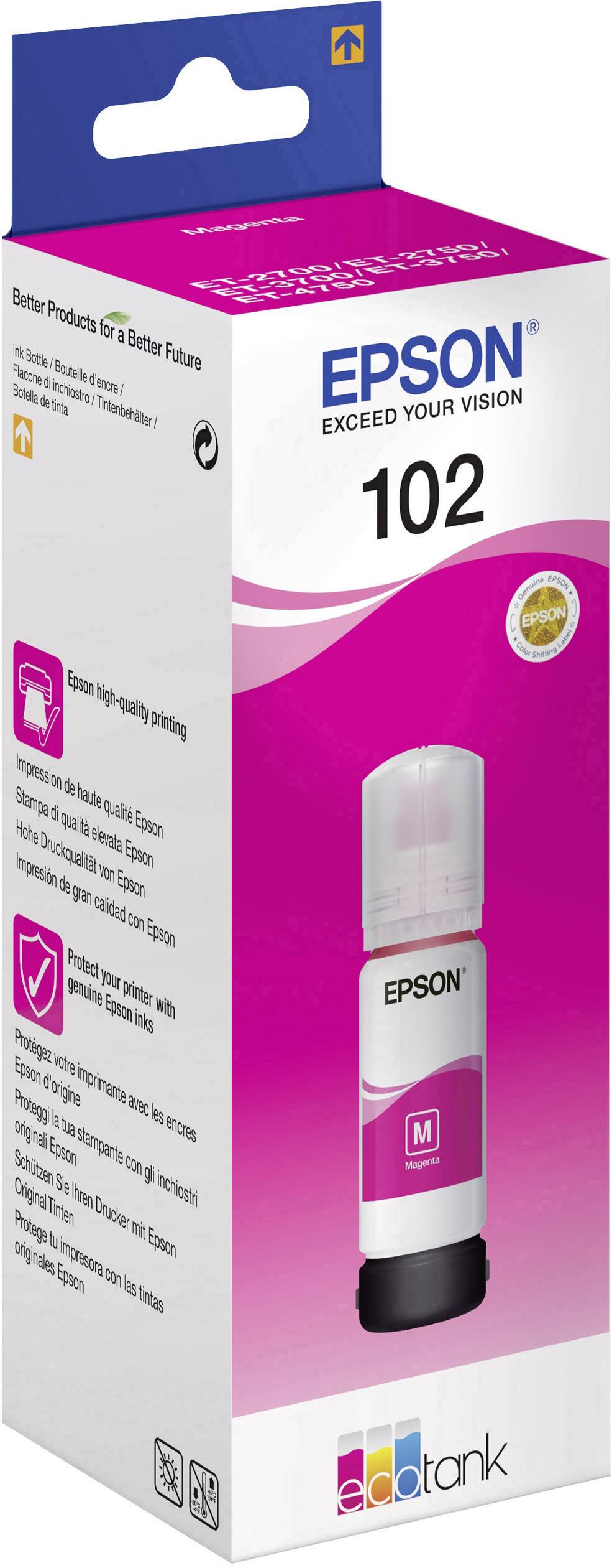 Eine Verpackung für Epson T102 Tinte in Magenta. Die Box zeigt ein Bild der Tintenflasche und trägt das Epson-Logo. Geeignet für EcoTank-Drucker.