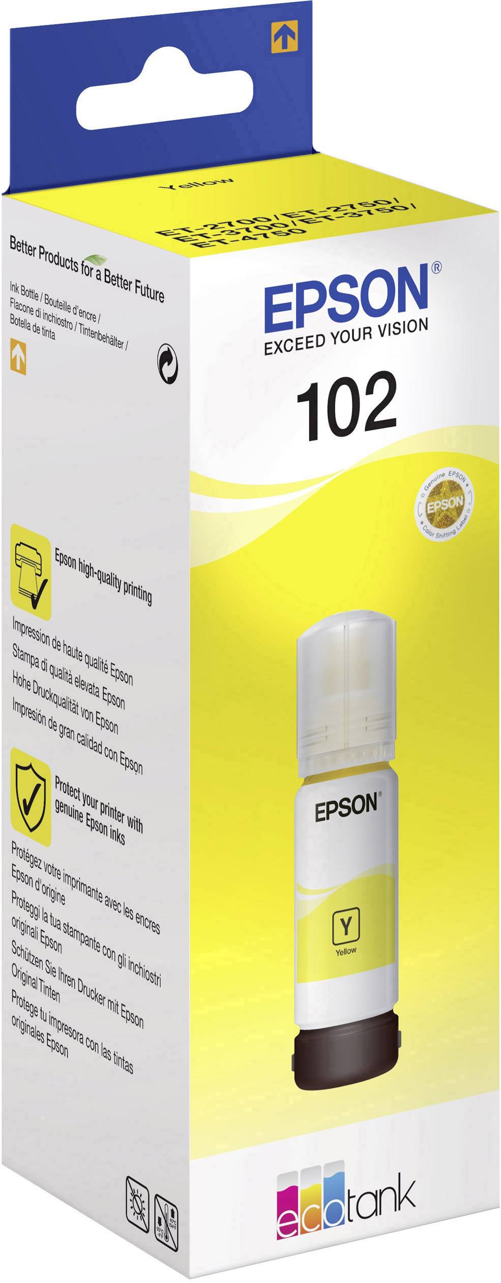 Epson 102 Tintenflasche in Gelb für EcoTank-Drucker. Verpackung zeigt Epson-Logo, Versprechen für hochwertige Drucke, und praktischen Nachfüllmechanismus.