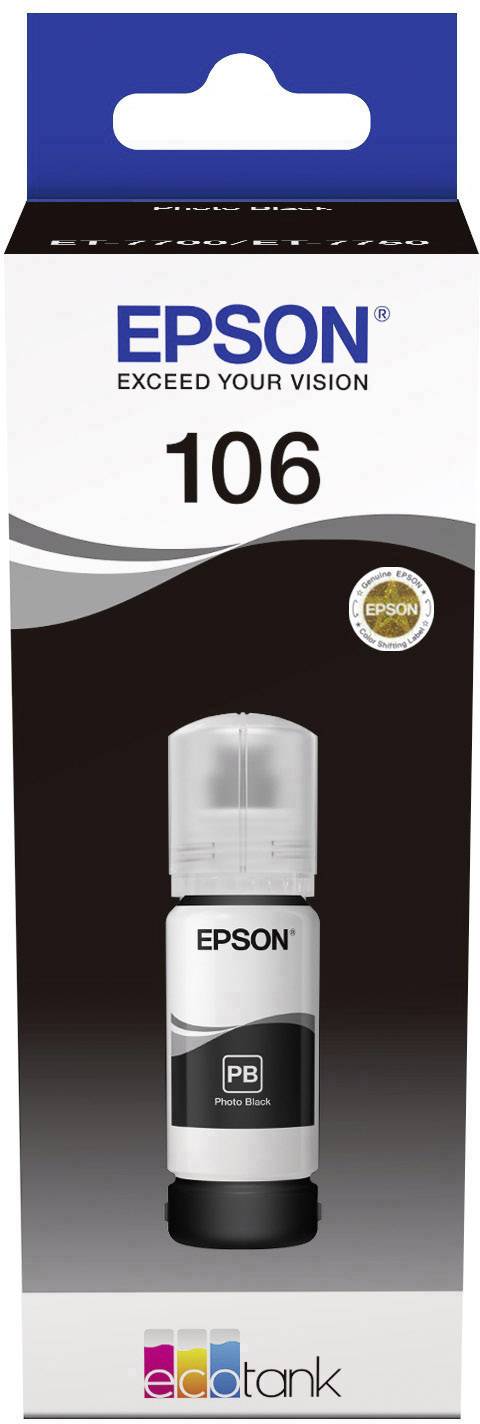 'Epson Tinte Flasche 106, für EcoTank-Drucker. Farbe: Schwarz. Kapazität: 70 ml.' Verpackung zeigt Produktabbildung und Markenname.