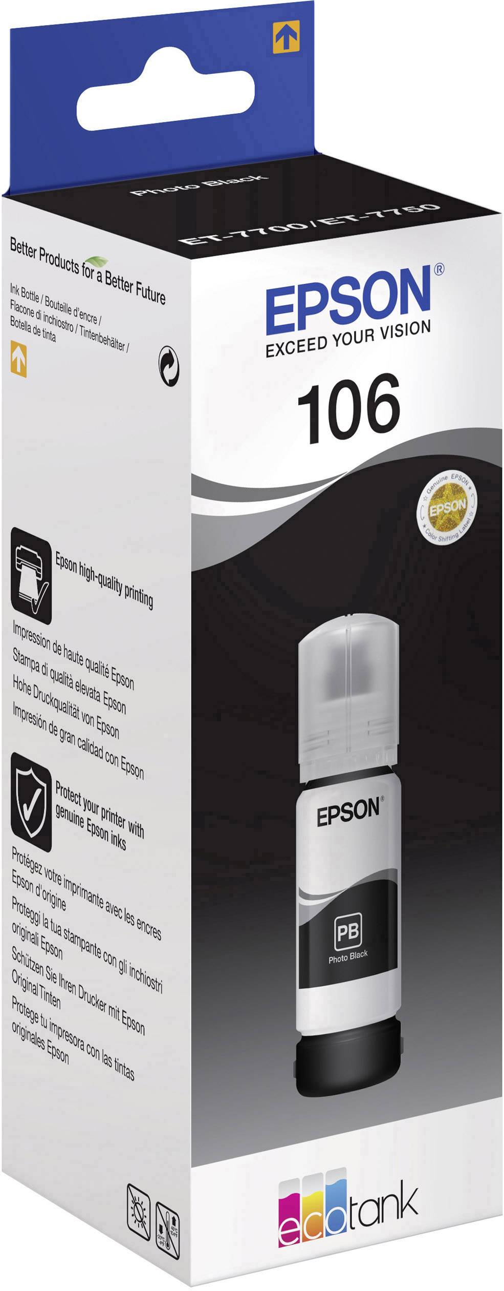 Druckertintenflasche von Epson, Modell 106, vor einer Verpackung. Aufschrift: 'Exceed Your Vision'. Produkt für hochwertige Drucke.