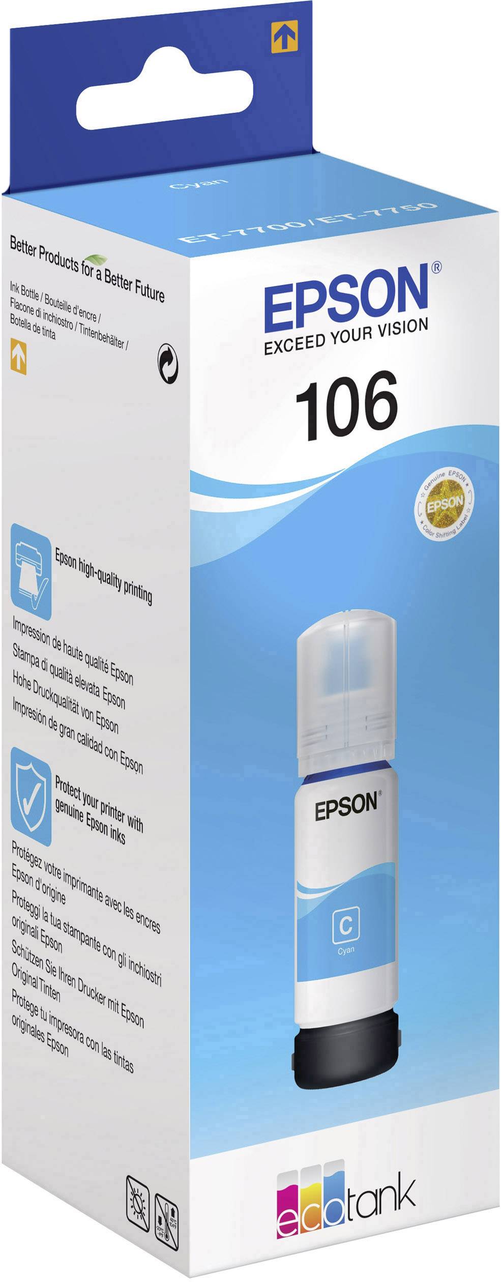 Tintenflasche Epson 106 Cyan in Verpackung, geeignet für EcoTank-Drucker, für hochwertige Foto- und Dokumentendrucke.