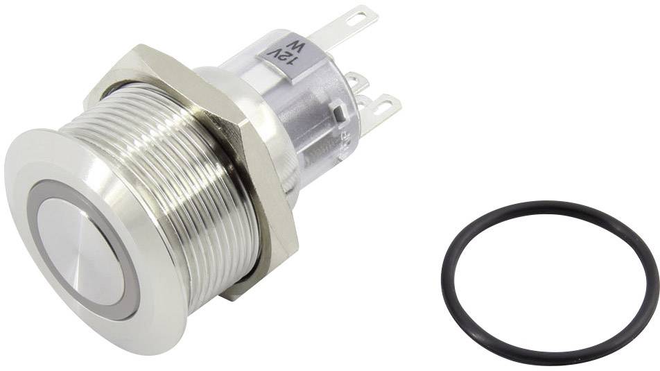 Metallischer Drucktaster mit Schraubgewinde und drei elektrischen Anschlüssen, daneben ein Dichtungsring.