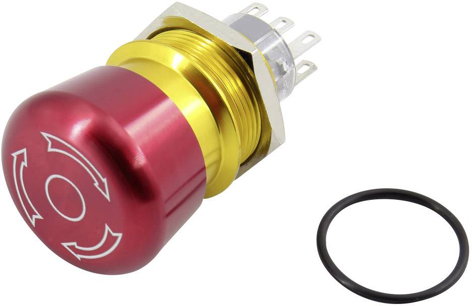 Ein roter metallischer Drehknopf mit weißen Pfeilsymbolen, daneben ein schwarzer O-Ring.