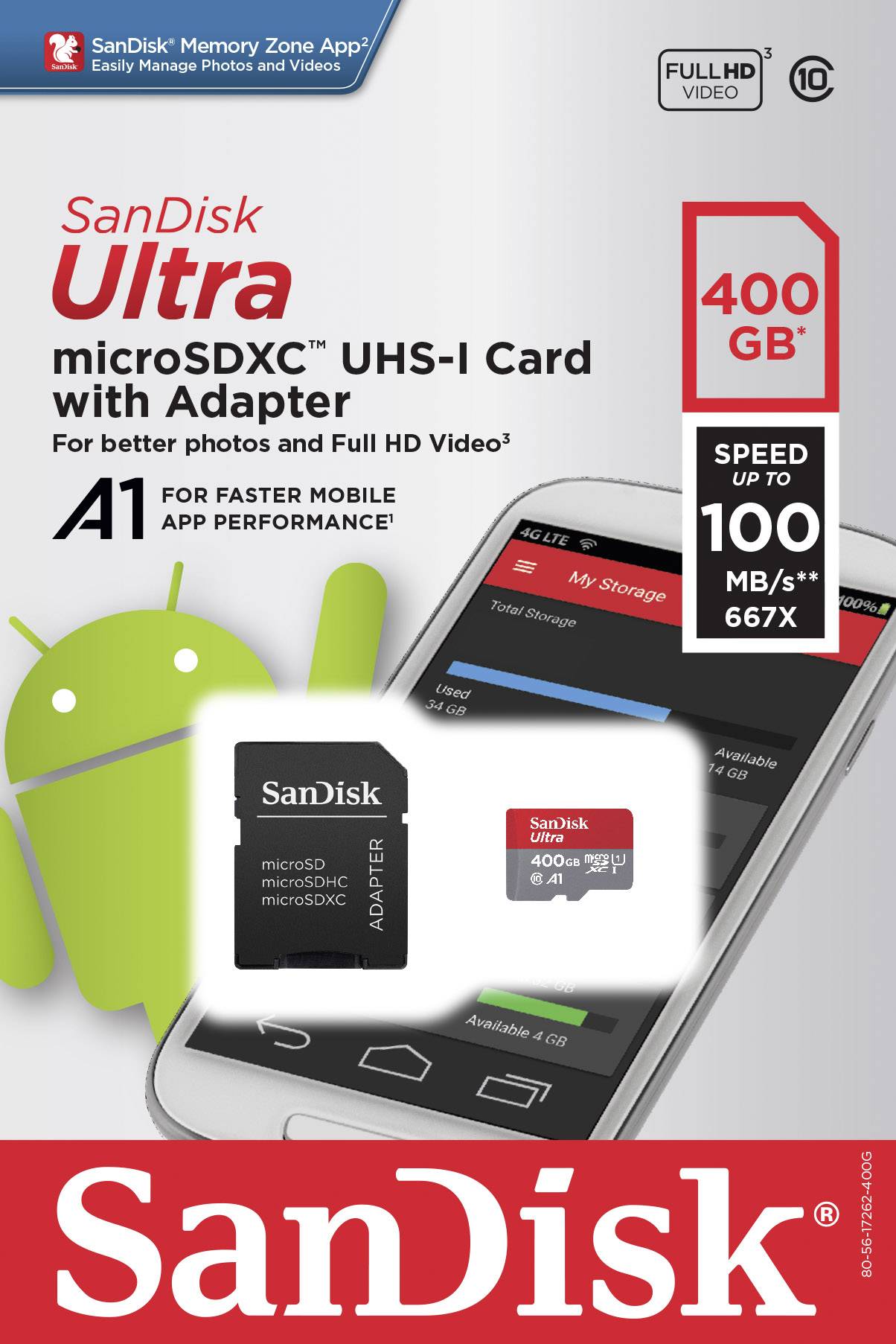 SanDisk Ultra® microSDXC-Karte 400GB Class 10, UHS-I A1-Leistungsstandard, inkl. Android-Software, inkl. SD-Adapter