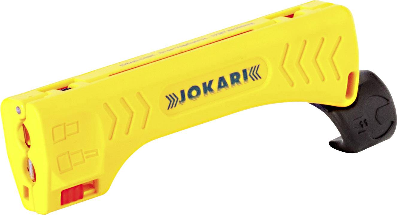Ein gelbes Abisolierwerkzeug mit der Aufschrift 'Jokari', das für präzises Abisolieren von Kabeln verwendet wird.