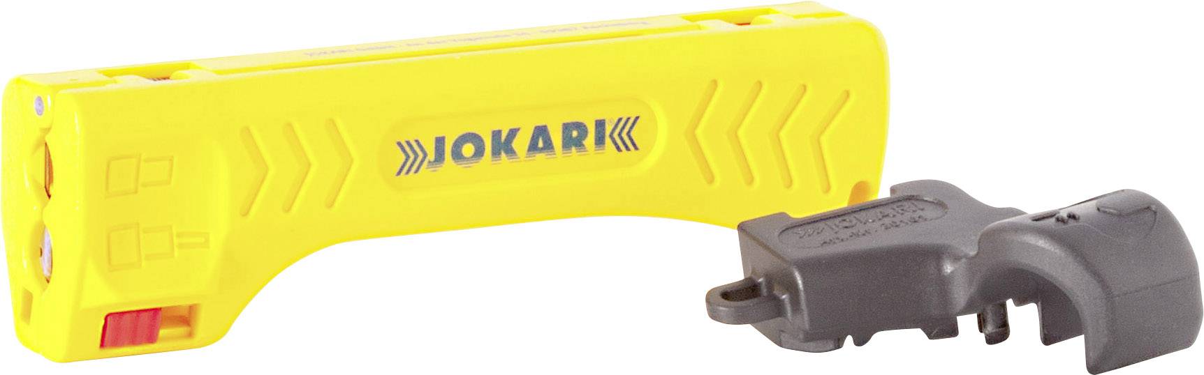Ein gelbes Kabelabisolierwerkzeug mit grauem Schutzgehäuse. Auf dem Werkzeug steht 'Jokari'. Geeignet zum präzisen Abisolieren von Kabeln.