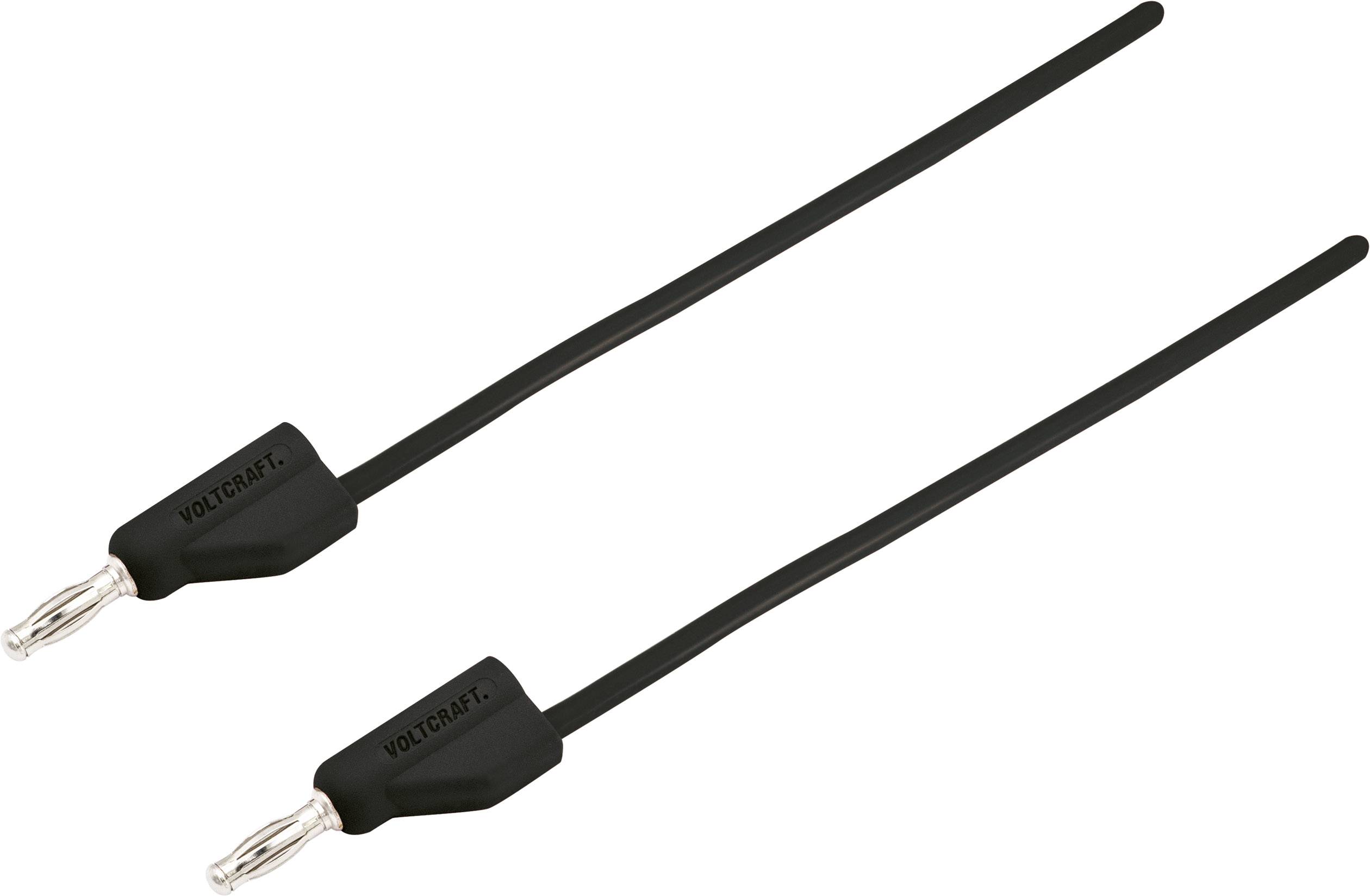 Zwei schwarze Bananenstecker mit der Aufschrift 'Voltcraft' an den Griffen, verbunden mit schwarzen Kabeln.