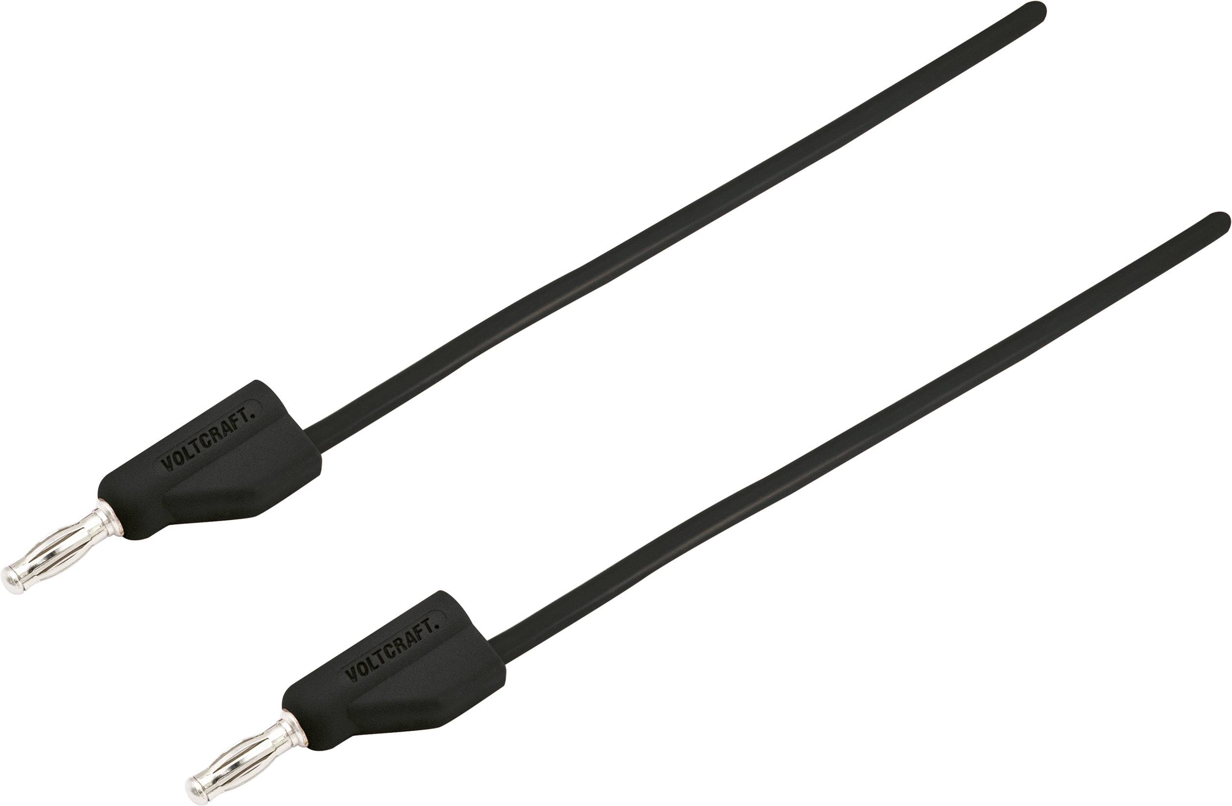 Zwei schwarze Bananenstecker mit der Aufschrift 'Voltcraft', verbunden durch lange Kabel, zum Anschluss von elektrischen Geräten.
