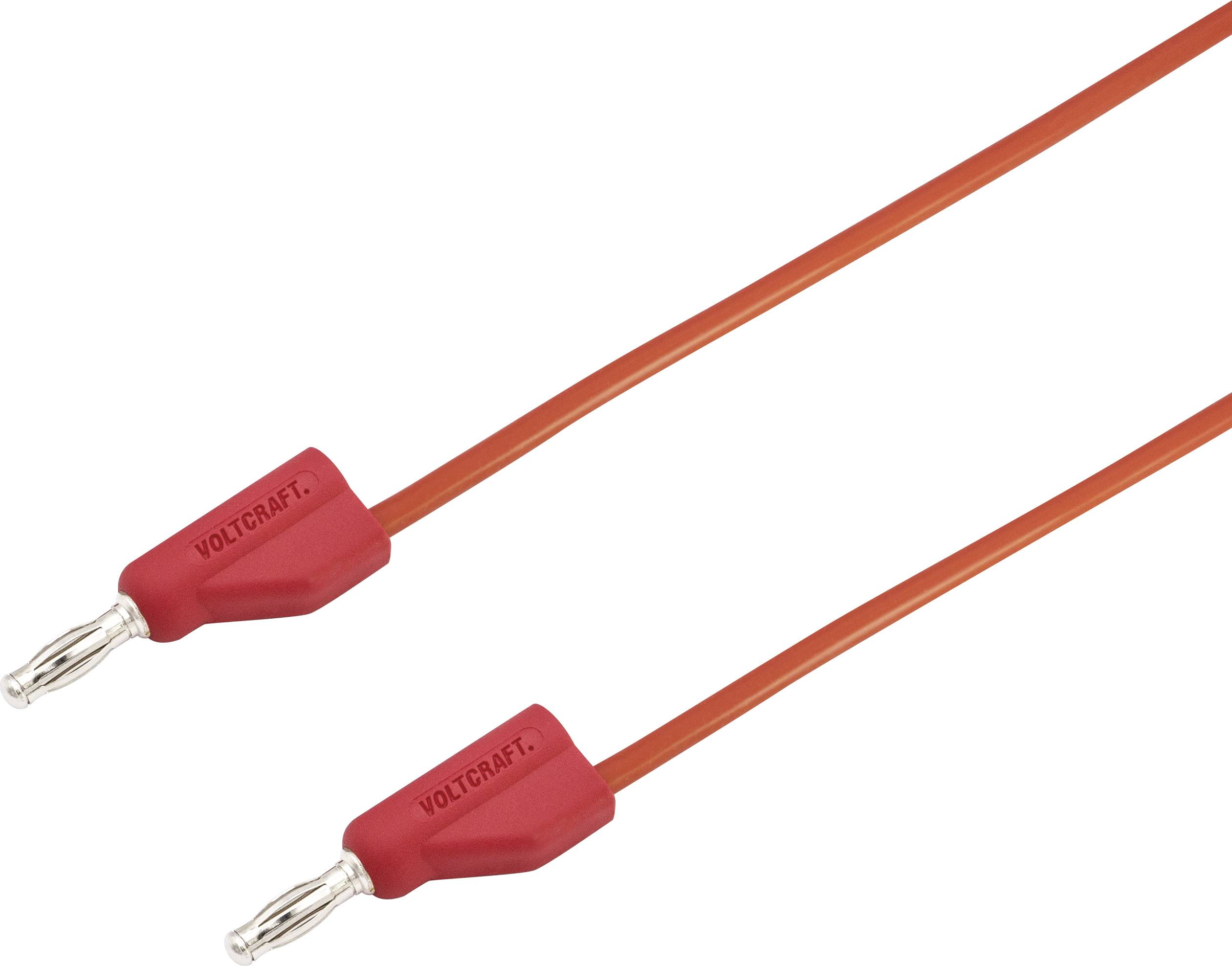 Zwei rote Kabel mit Bananensteckern. Links sind die Enden mit Metallkontakten zu sehen. Die Marke 'Voltcraft' ist aufgedruckt.