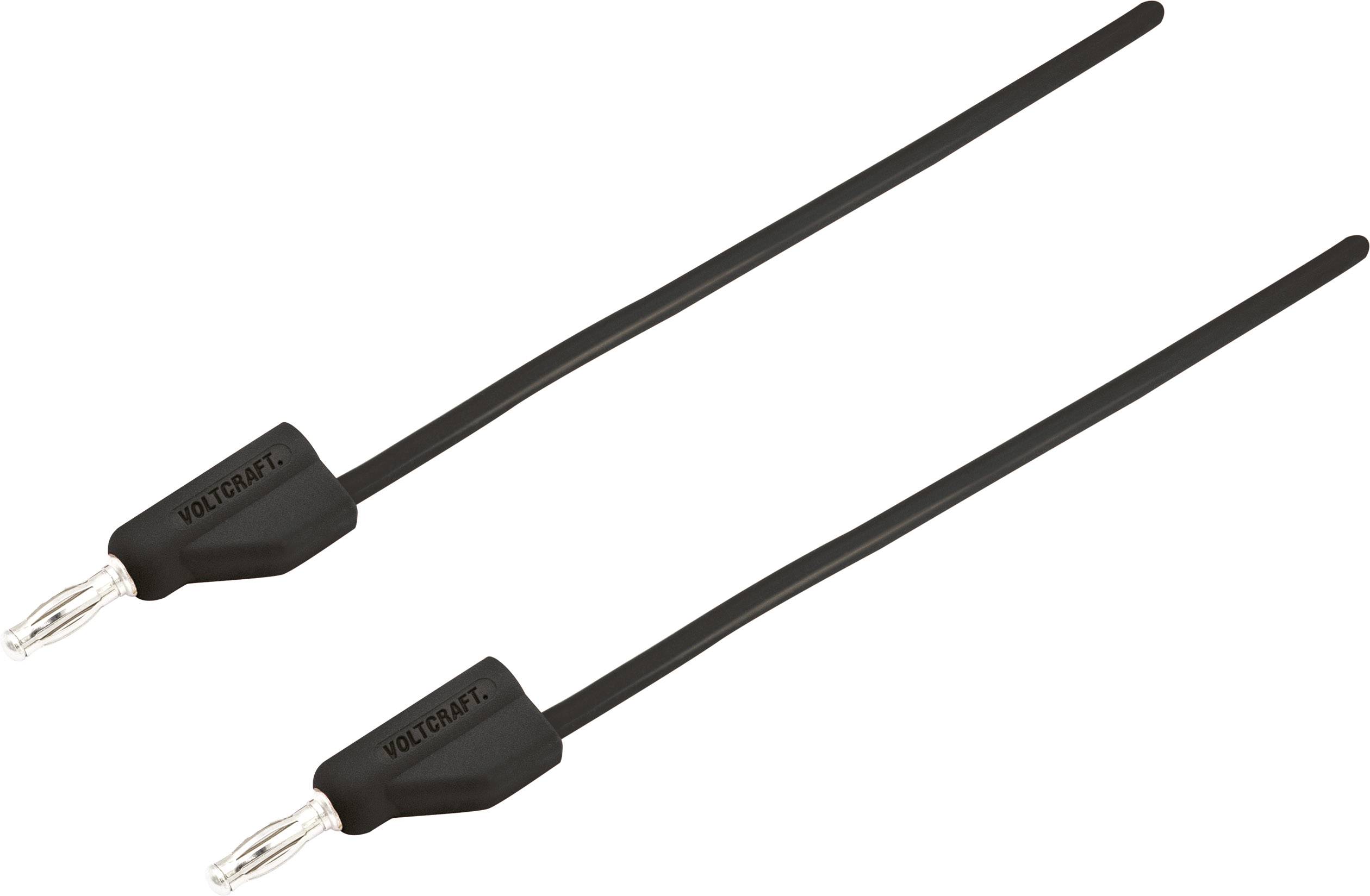 Zwei schwarze Bananenstecker von VOLTCRAFT mit langen Kabeln für elektrische Verbindungen.