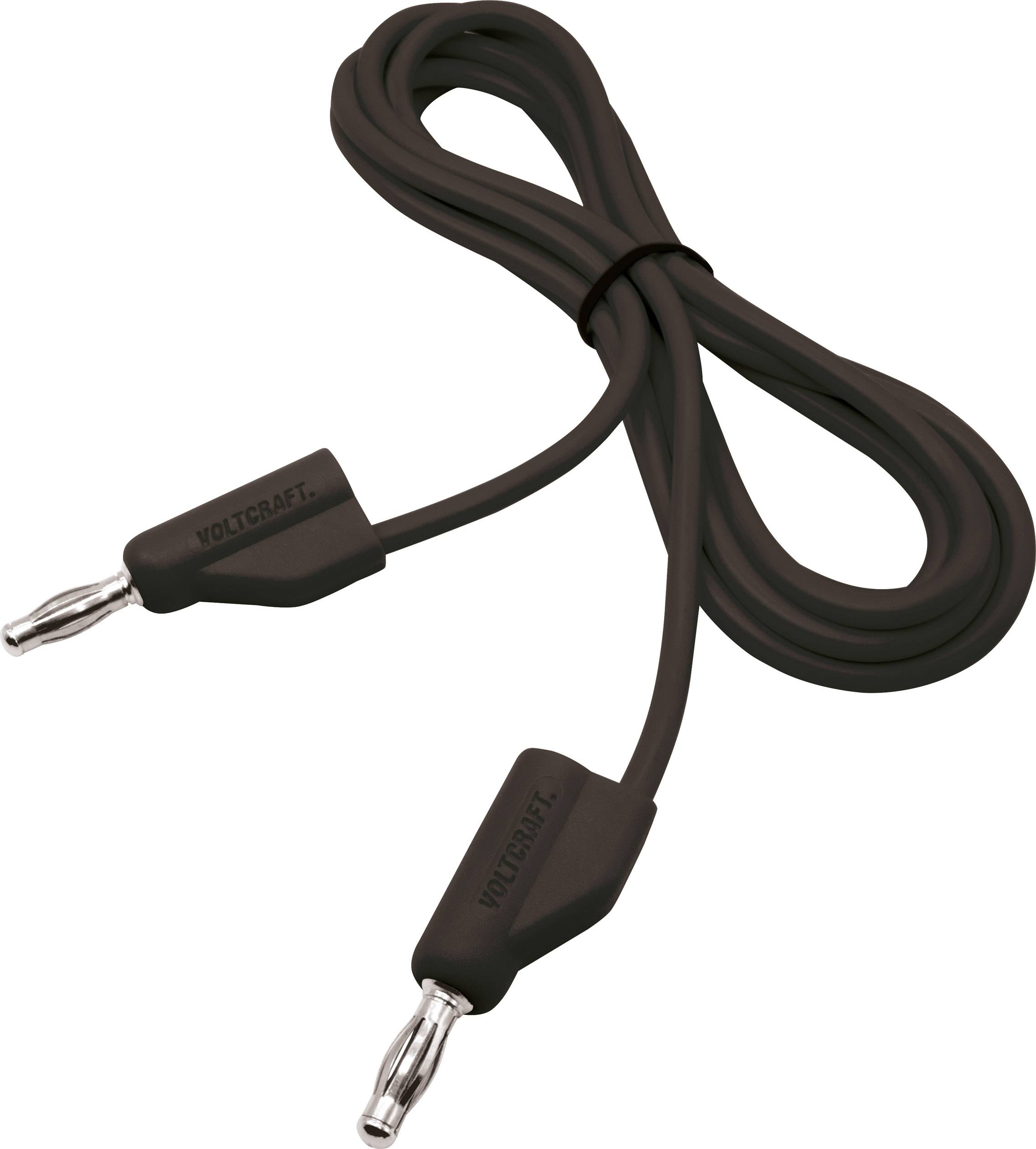Schwarzes Verbindungskabel mit zwei Bananensteckern an den Enden, geeignet für elektrische Testgeräte.
