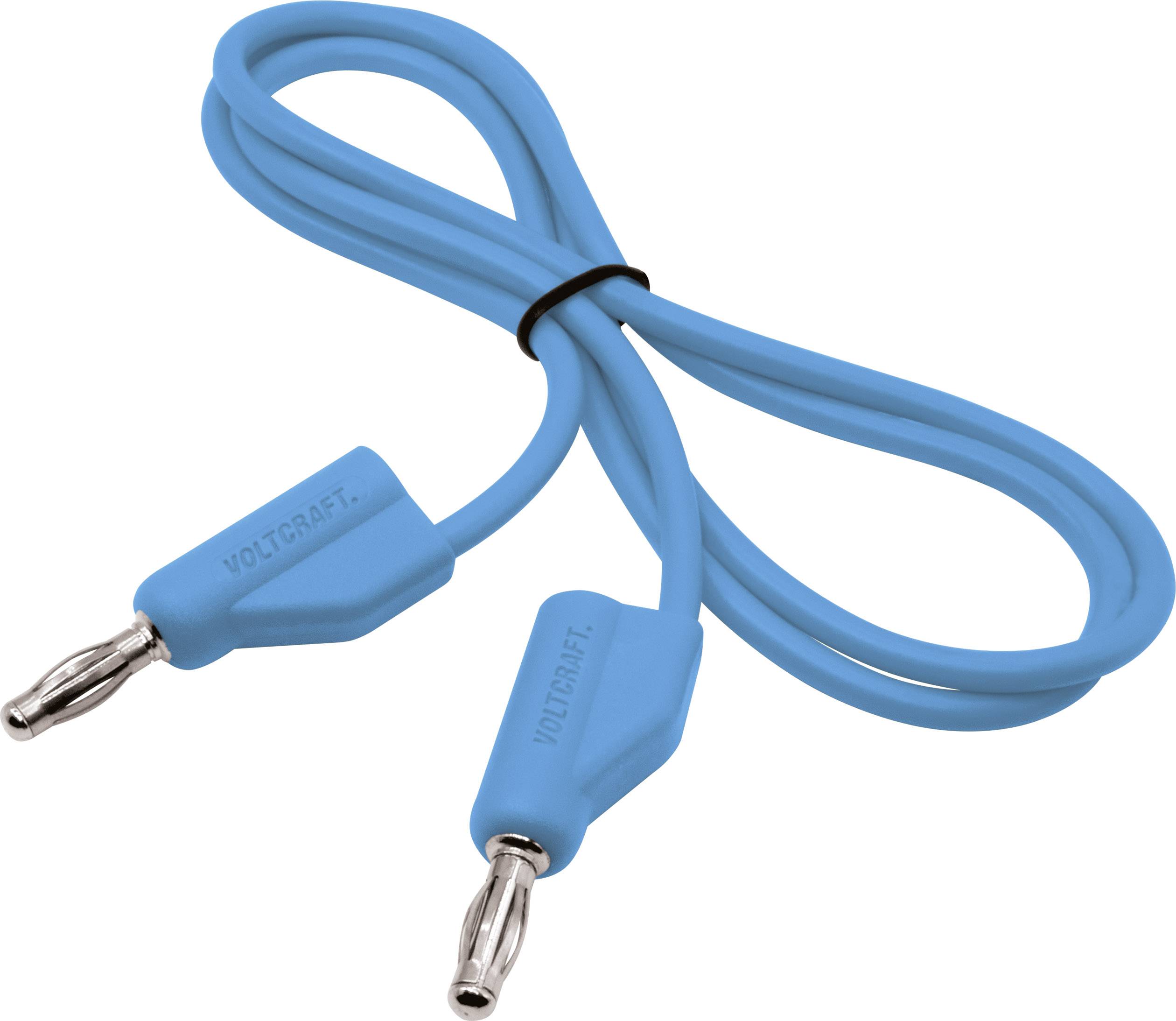 Blaues Kabel mit zwei Bananensteckern, verwendet für elektrische Verbindungen und Messungen.