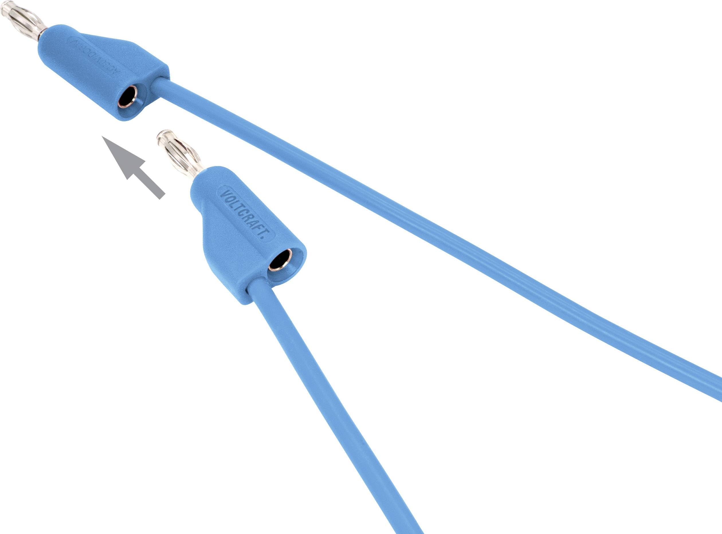 Zwei blaue Bananenstecker, einer mit einem Pfeil, der auf die Stelle zeigt, wo beide Stecker zu verbinden sind. Stromversorgungskabel.