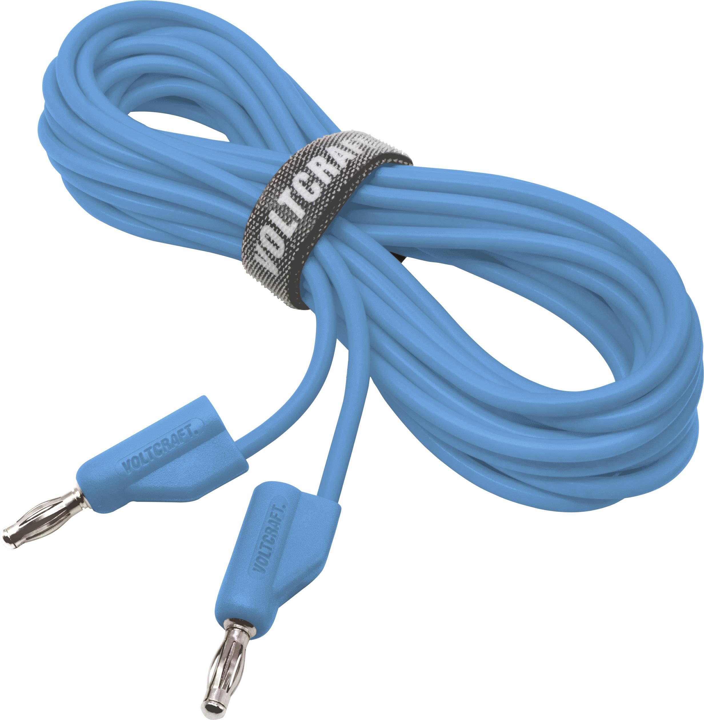 Blaues Messkabel mit Steckverbindern und einem Klettverschluss mit der Aufschrift 'VOLCRAFT', aufgerollt und gebündelt.