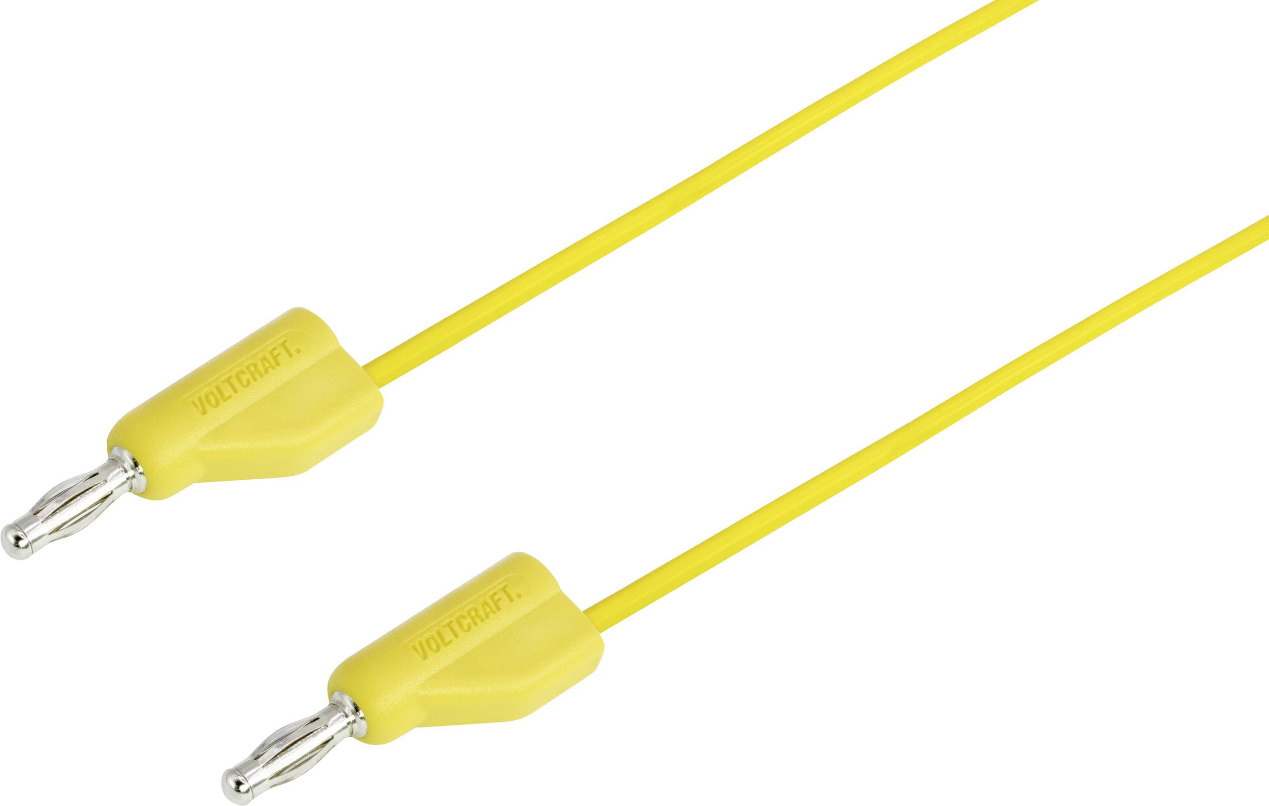 Gelbe Messleitungen mit Bananensteckern an beiden Enden, verwendet zur elektrischen Verbindung in Messschaltungen.