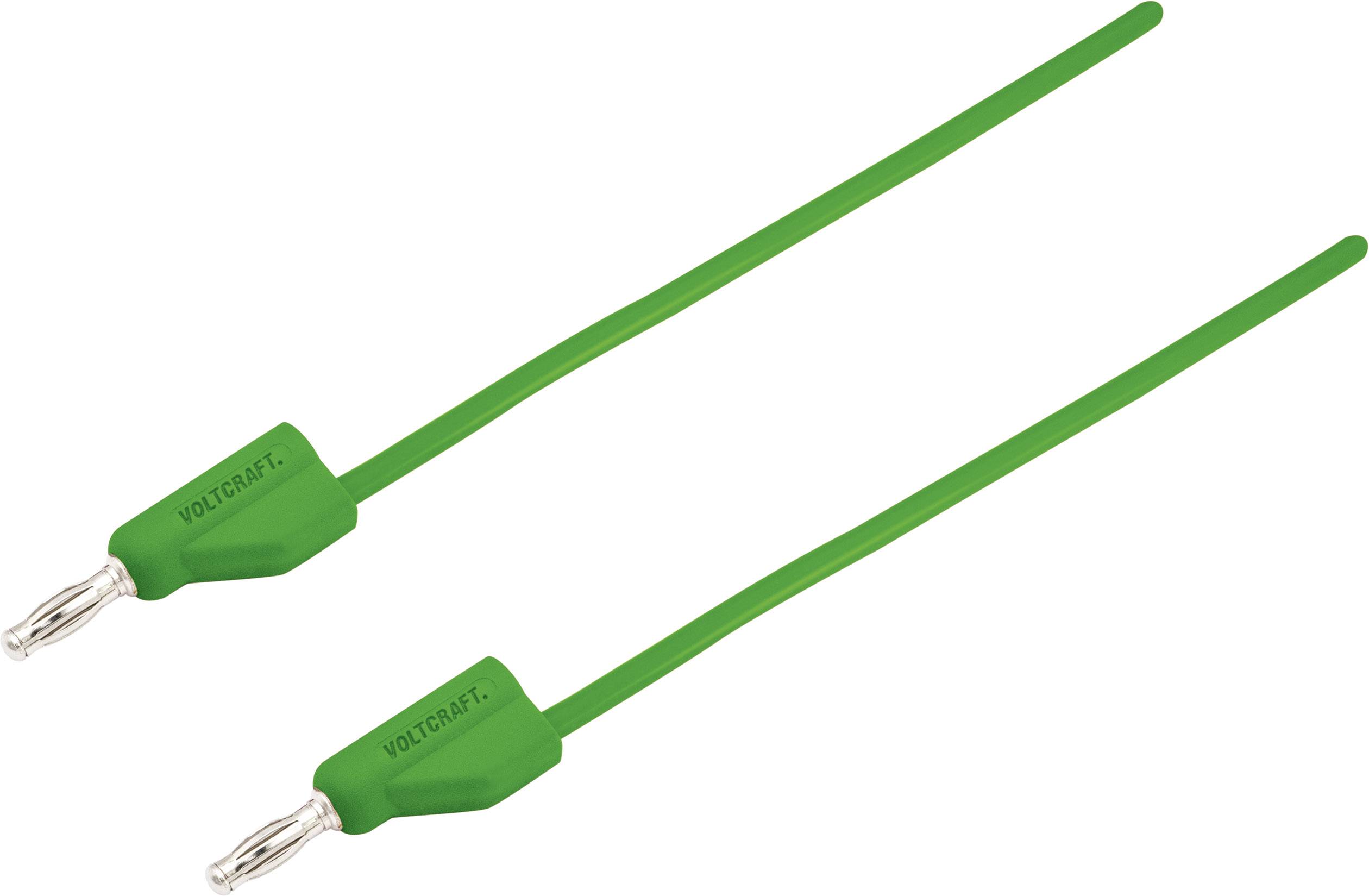 Zwei grüne Kabel mit Bananensteckern, beschriftet mit 'Voltcraft'. Sie dienen zum Anschluss in elektrischen Schaltkreisen.